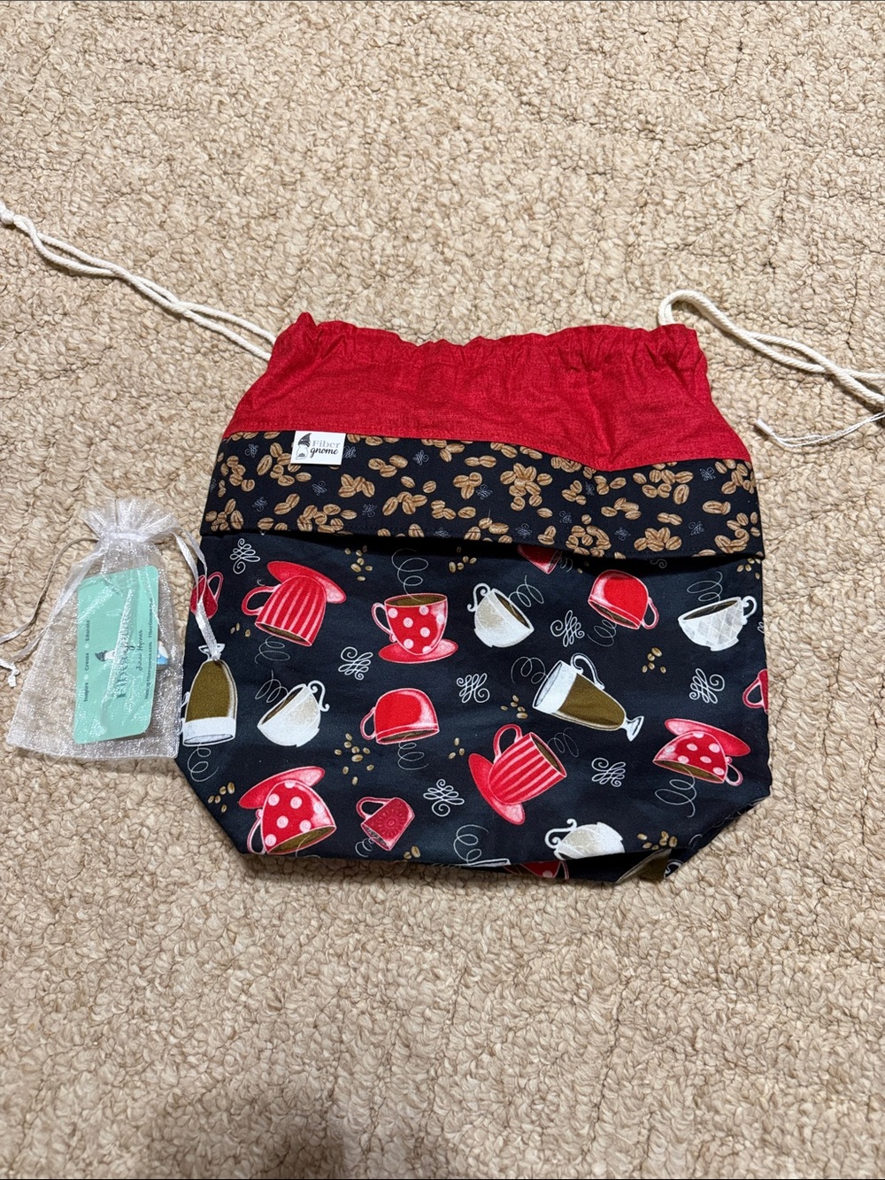 Handmade Kids Drawstring Lunch/Storage Bag - Red & Black Teacup Print